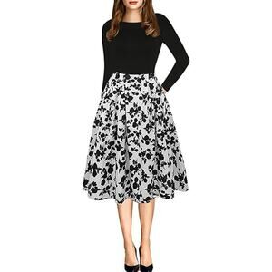 OXIULY FASHION Fit & Flare Dress Long Sleeve Side Pocket Floral Black White Sz M